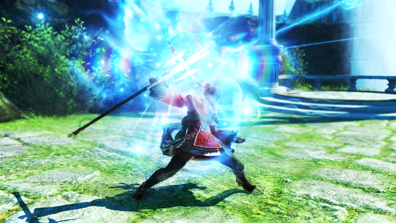 A'kit Tasui - a Miqo'te of the Keeper of the Moon clan, wielding a two-handed staff as he casts a Black Mage spell called Despair, leaning back from the raw force of the spell.