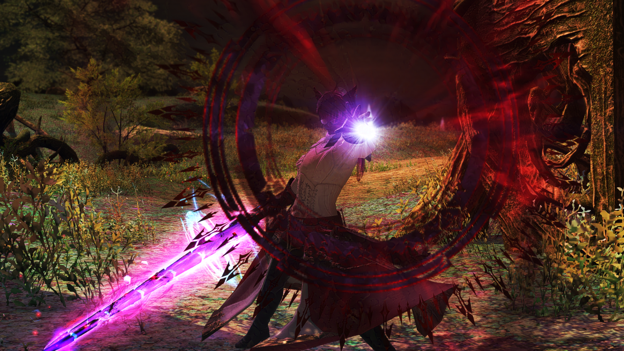 A'kit Tasui - a Miqo'te of the Keeper of the Moon clan, wielding a greatsword as he casts Abyssal Drain in the direction of the viewer - his hand raised with a ring of dark magics focused around it.