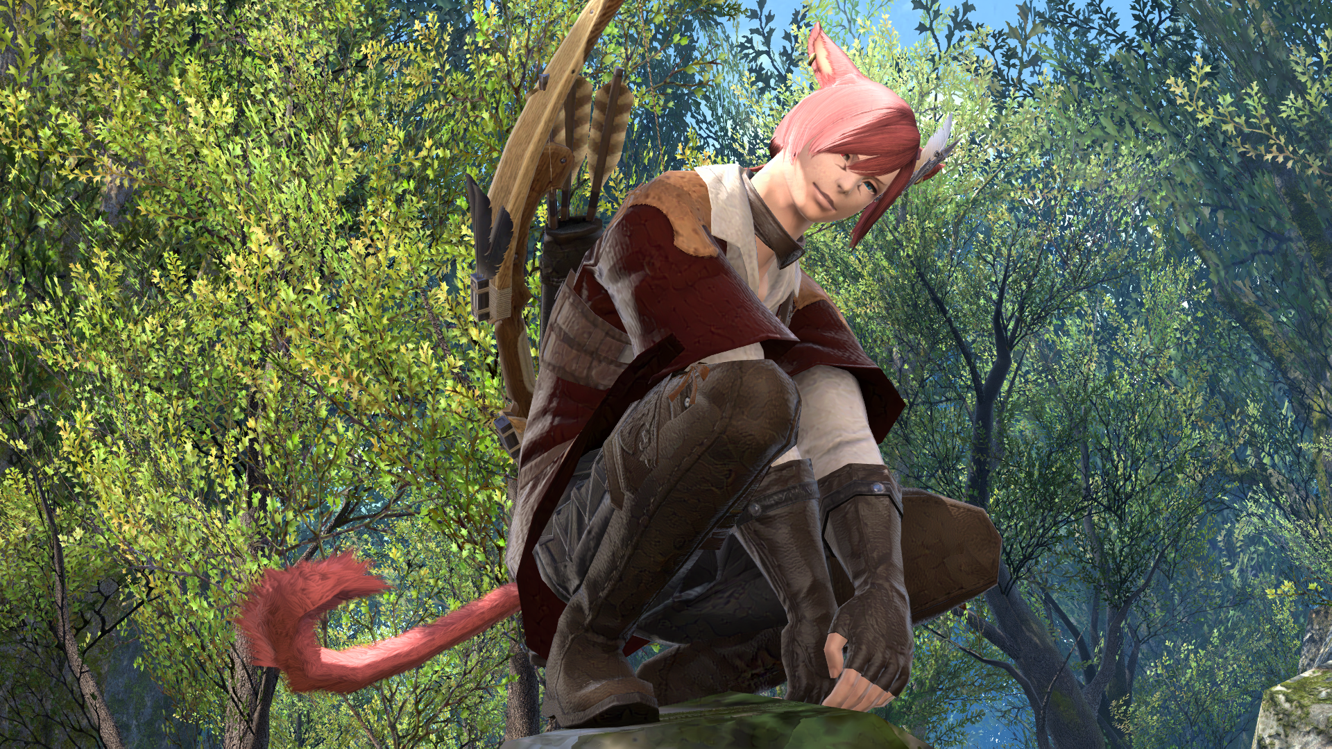 G'raha Tia - a Miqo'te of the Seeker of the Sun clan, perched on top of a rock and smiling at the viewer, his archer's bow on his back.