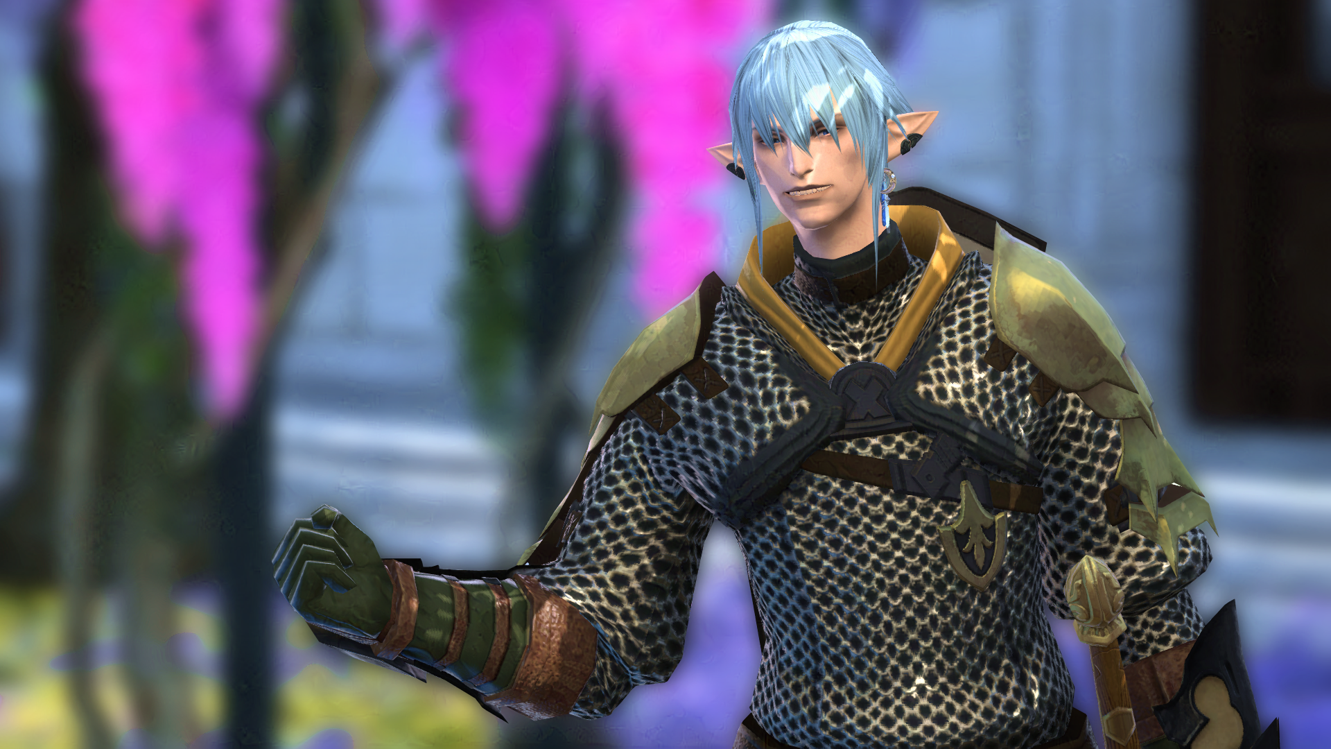 Haurchefant de Fortemps - an Elezen of Ishgardian descent, looking at the viewer with a smile as he makes a joyous gesture.