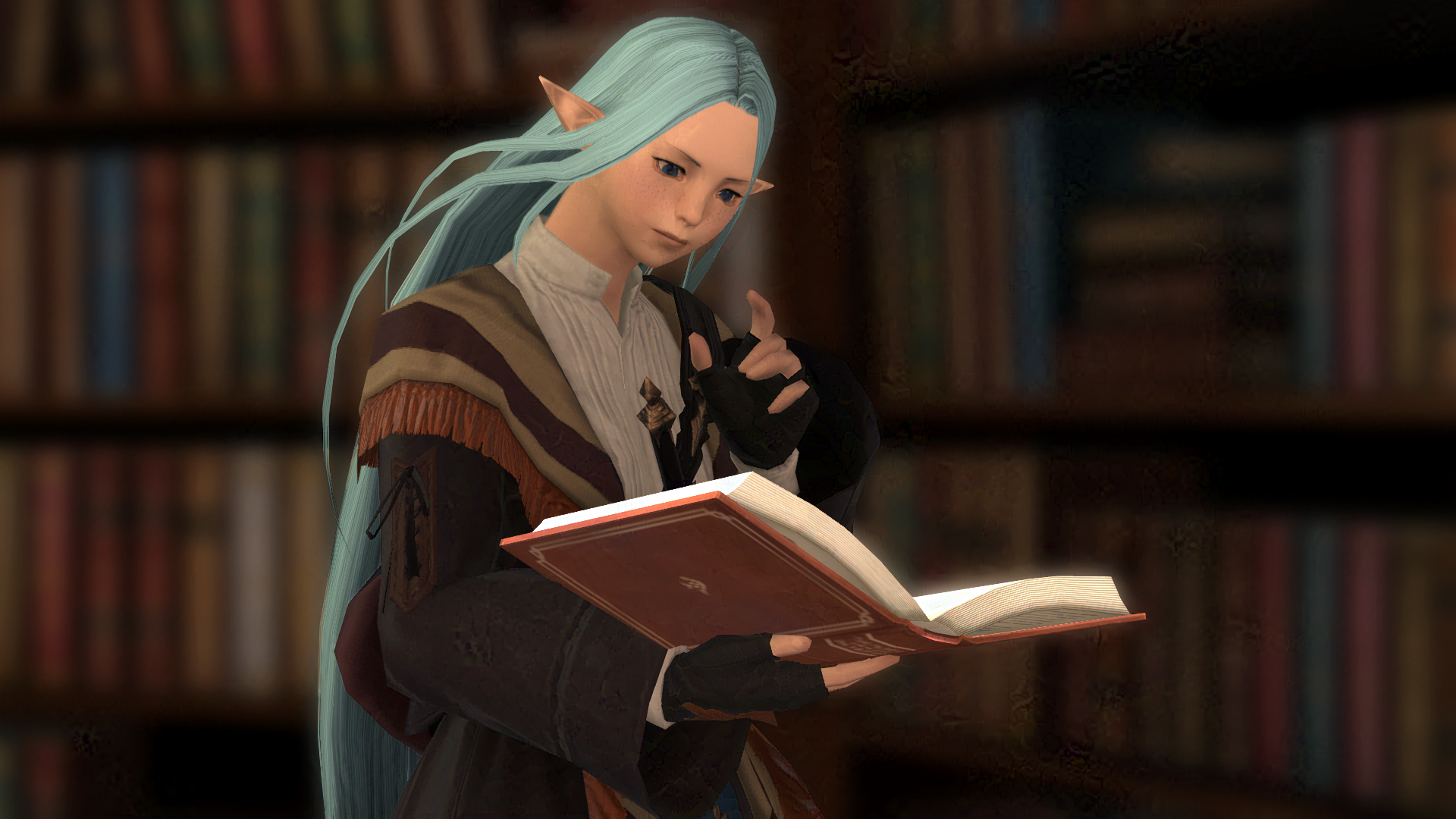 Myste - an Elezen child, reading a book in front of several bookshelves.