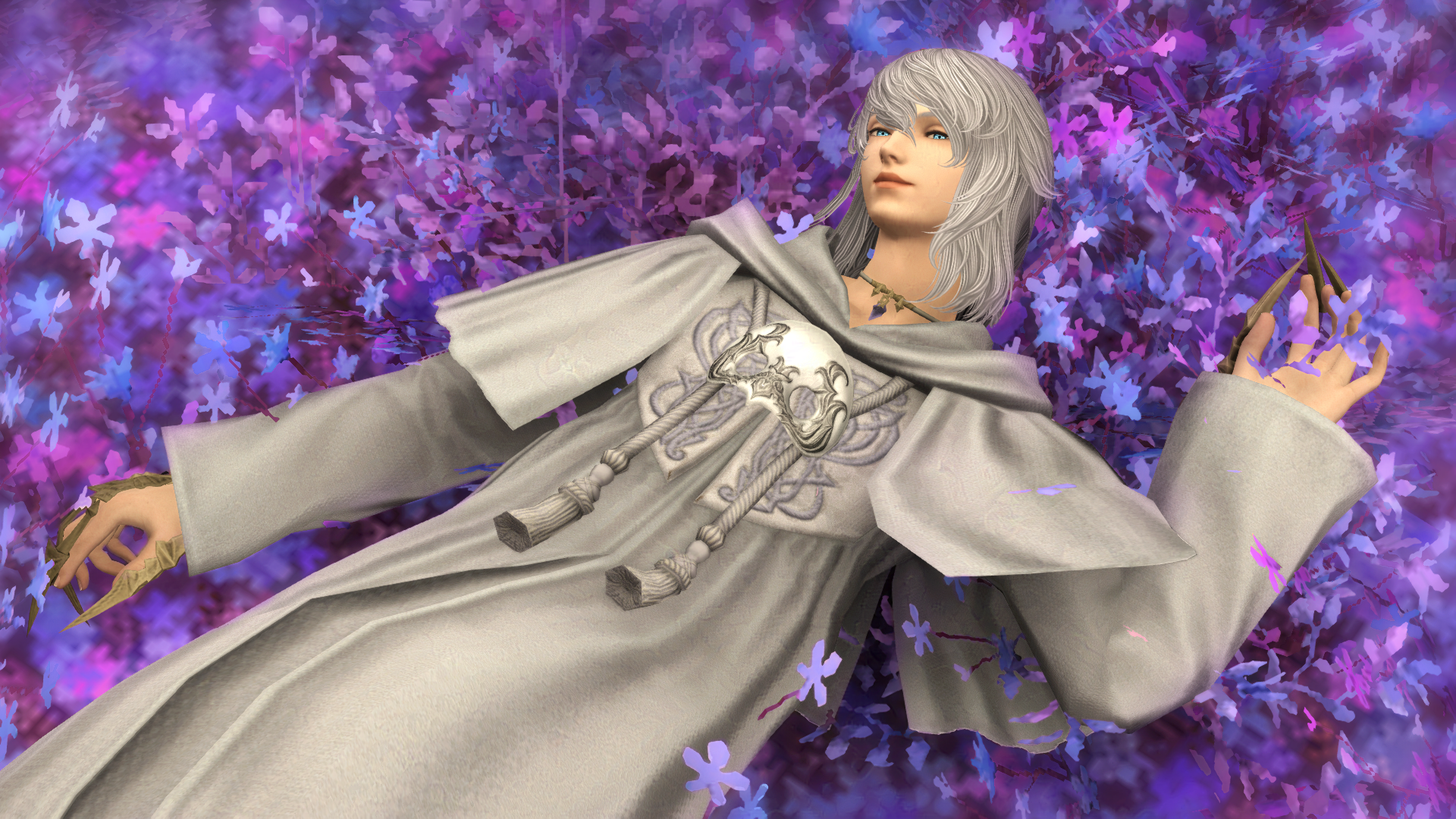 Themis - an Ancient, laying in a bed of blue and purple flowers, smiling at the viewer.