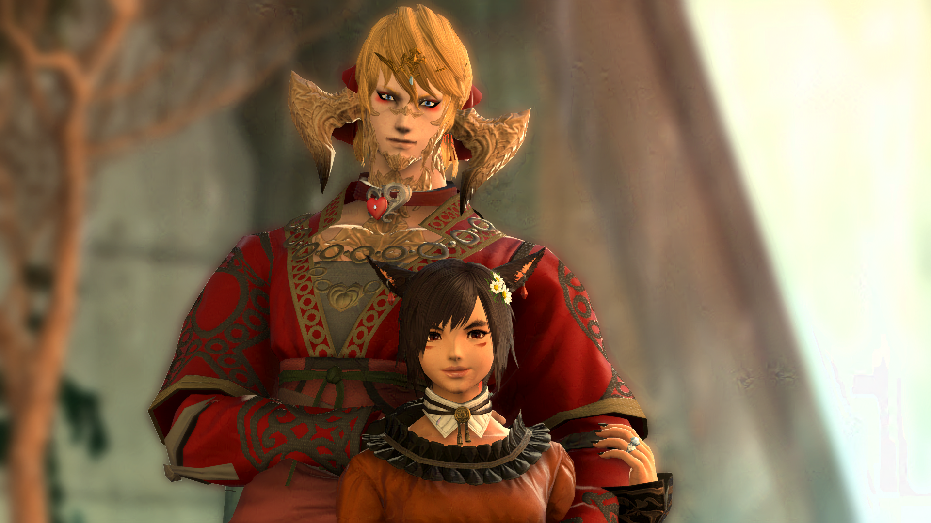 Valentine Xochitl, a Miqo'te of the Seeker of the Sun clan, is being embraced by Daisy Xochitl, an Aura of the Raen clan. Both women are looking at the viewer with a smile.