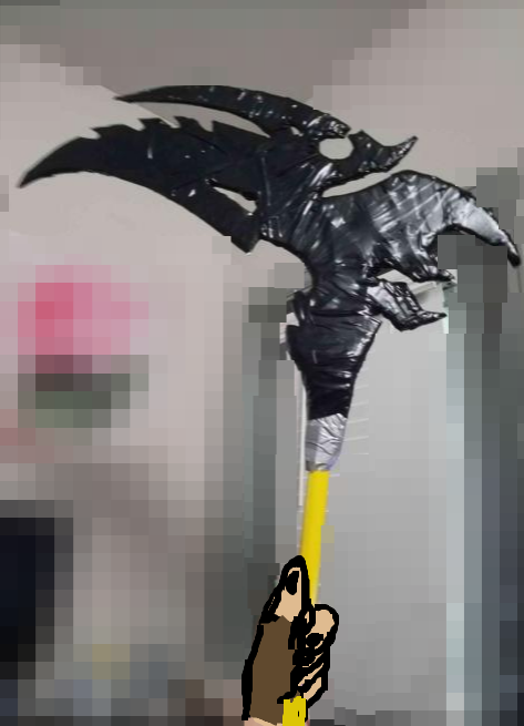 A photo of a prop scythe, covered in black tape with a yellow staff. The background is pixelated and the hand has been drawn over digitally.